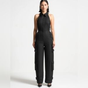 Maniere De Voir Tailored Halterneck Cargo Jumpsuit Black